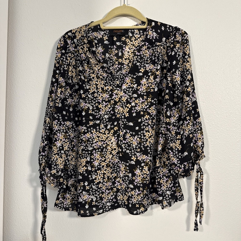 Renee C Womens Blouse Multicolor Floral 3/4‎ Sleeve V Neck Top Sz Medium V1
